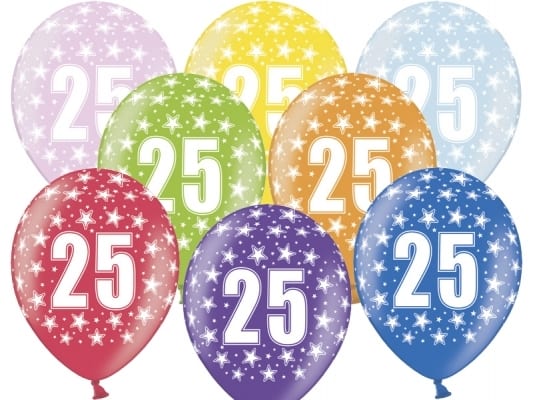 Illustrasjon av ballonger i forskjellige farger med tallet 25