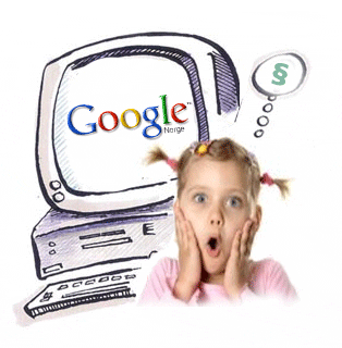 Illustrasjon av en datamaskin og et bilde av ei jente