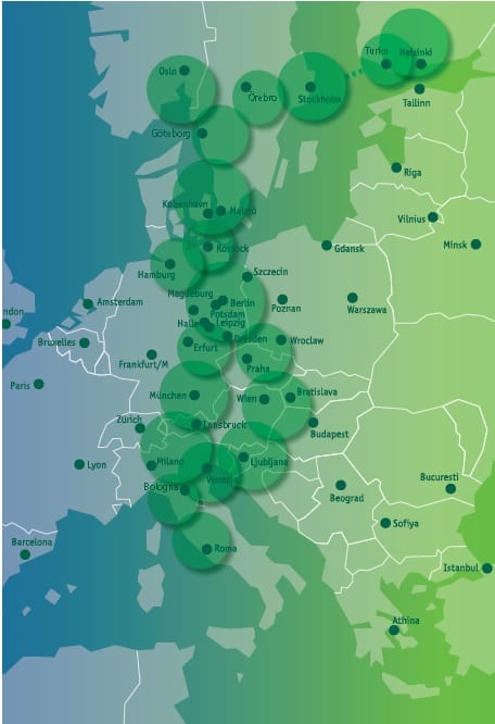 Kart som viser de prioriterte transportkorridorene i Scandria Alliance