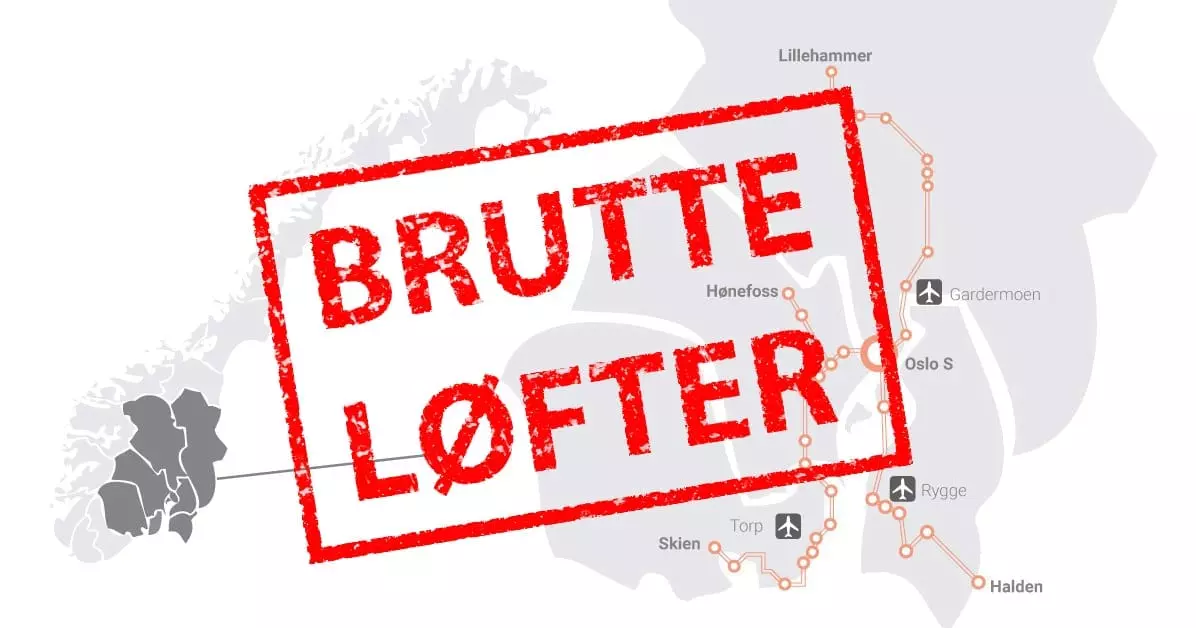 Kart som viser InterCity-trianglet på Østlandet med et stempel over hvor det står "Brutte løfter".