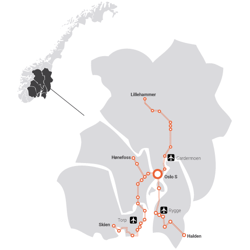 Kart som viser hvor InterCity går på Østlandet