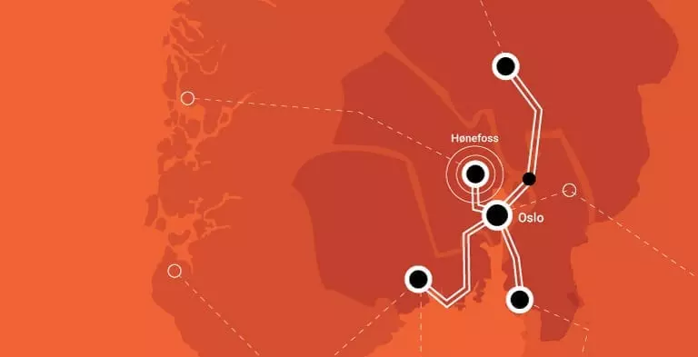 Oransje kart som viser Ringeriksbanen i sammenheng med InterCity-trianglet